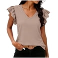 thumbnail image 2 of Pounoo Striped Tops for Women V Neck Short Sleeve Ruffle Cuff Blouses Beach Casual Lightweight Tunics Gift, 2 of 6