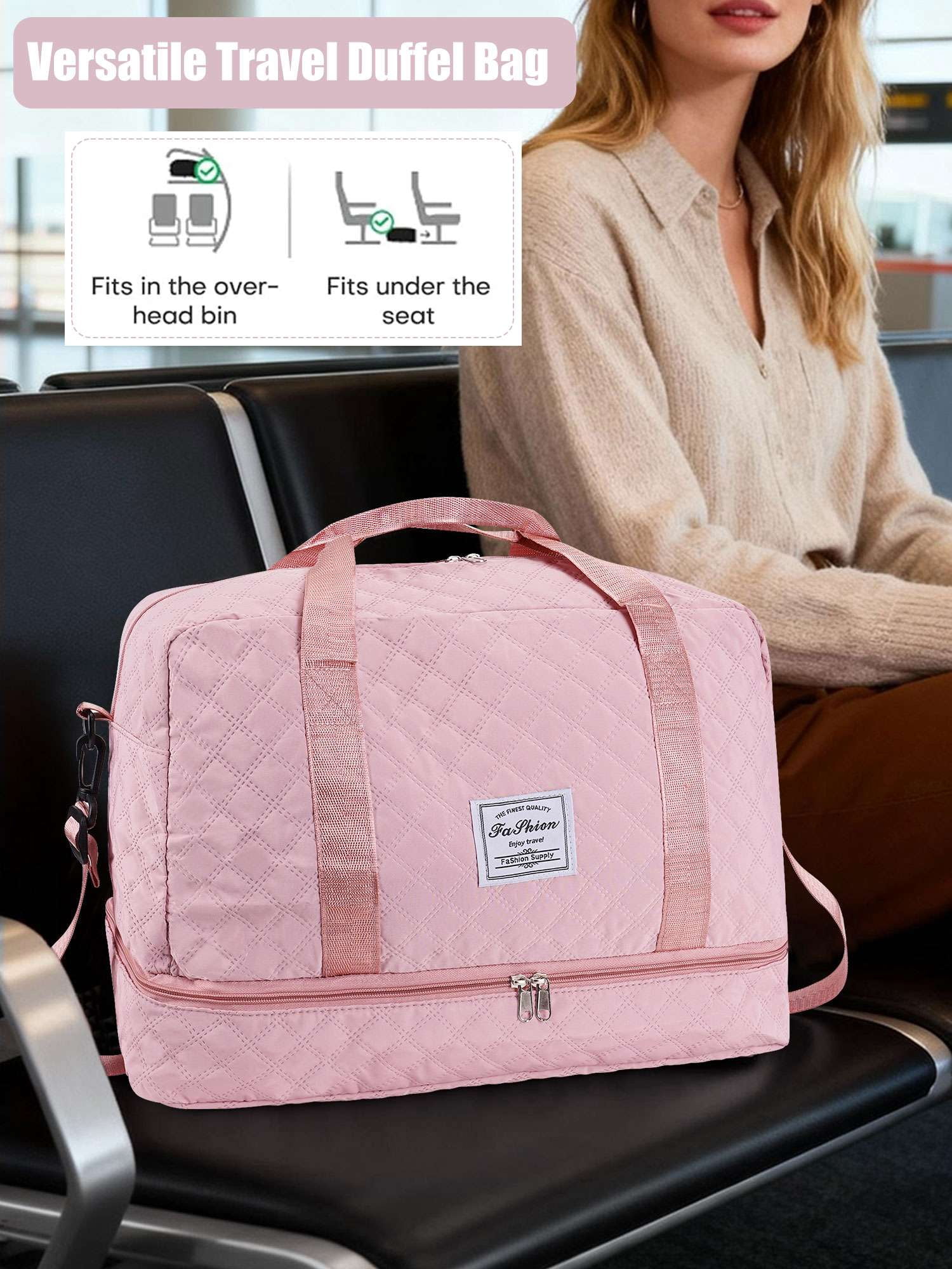 Gustave Quilted Travel Duffle Bag for Women Large Capacity Overnight Weekender Gym Hospital Bag Water Resistant Carry On Totes with Shoe Compartment & Wet Pocket, Pink