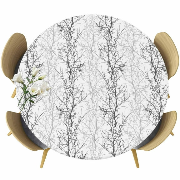 Grey Tree Round Fitted Table Cover Branch Waterproof Table Cloth with Elastic Edge Wipeable Tablecloth for Picnic Camping Party Fits 55"-60" Diameter