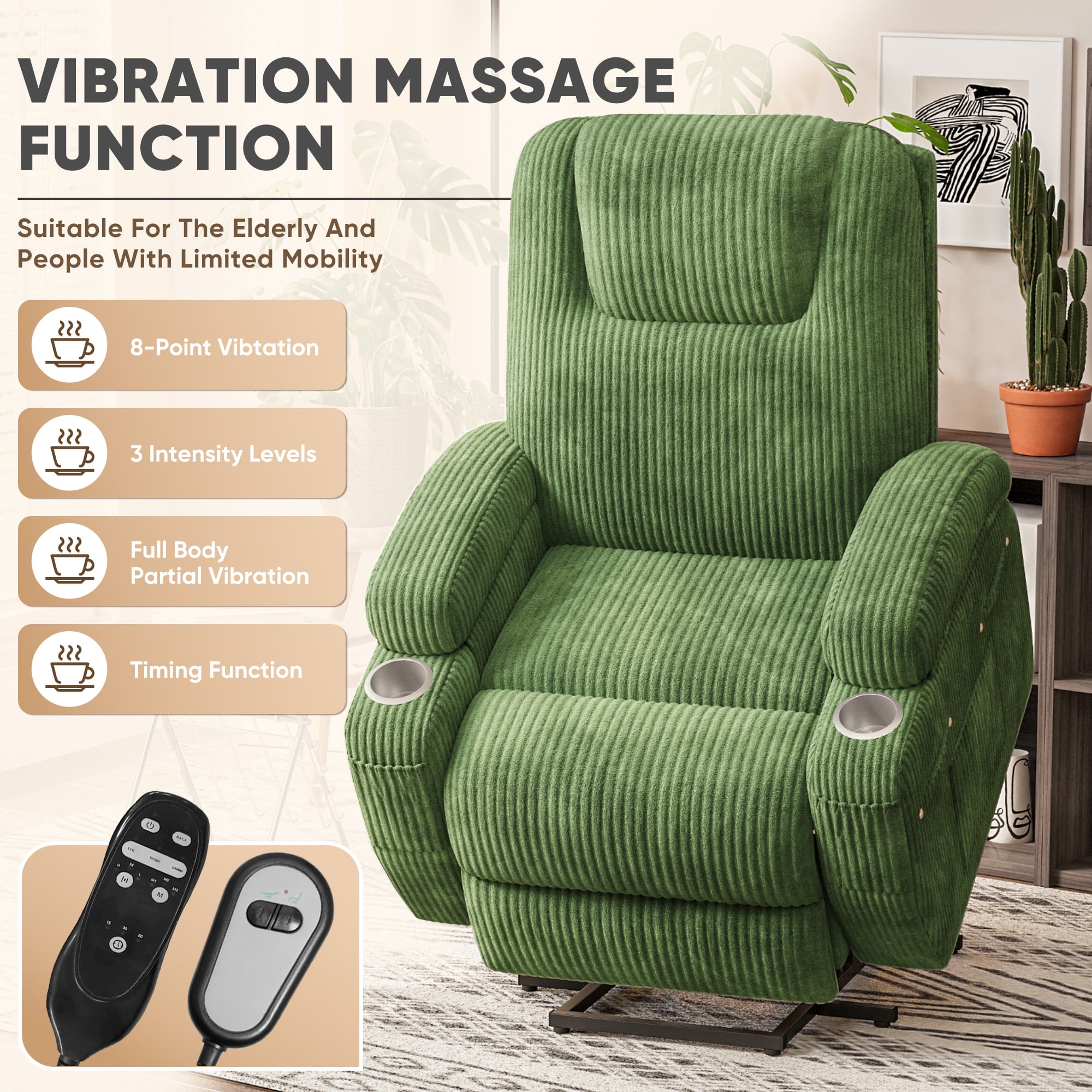 Homall Power Lift Recliner with Eight Vibrating Massages Ergonomic Single Sofa with Side Pocket and Soft Corduroy for Elderly,Corduroy Green