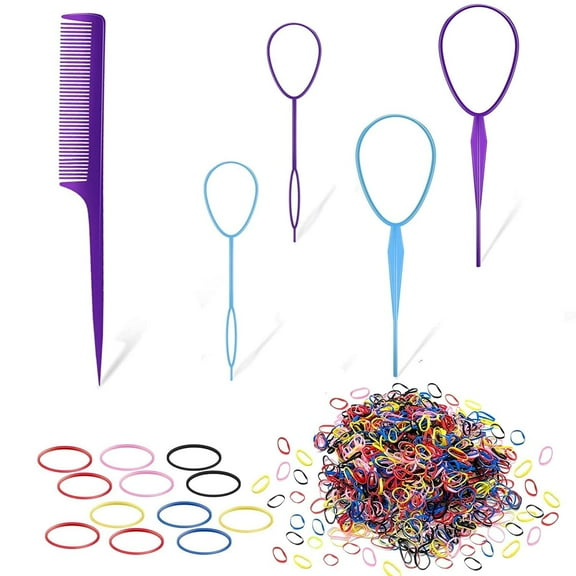 1000pcs Elastic Hair Rubber Bands,4pcs Topsy Tail Hair Tool and 1pcs Rat Tail Hair Comb, French Braid Tool Loop Hair Tail Tools For Hair Styling, Colorful