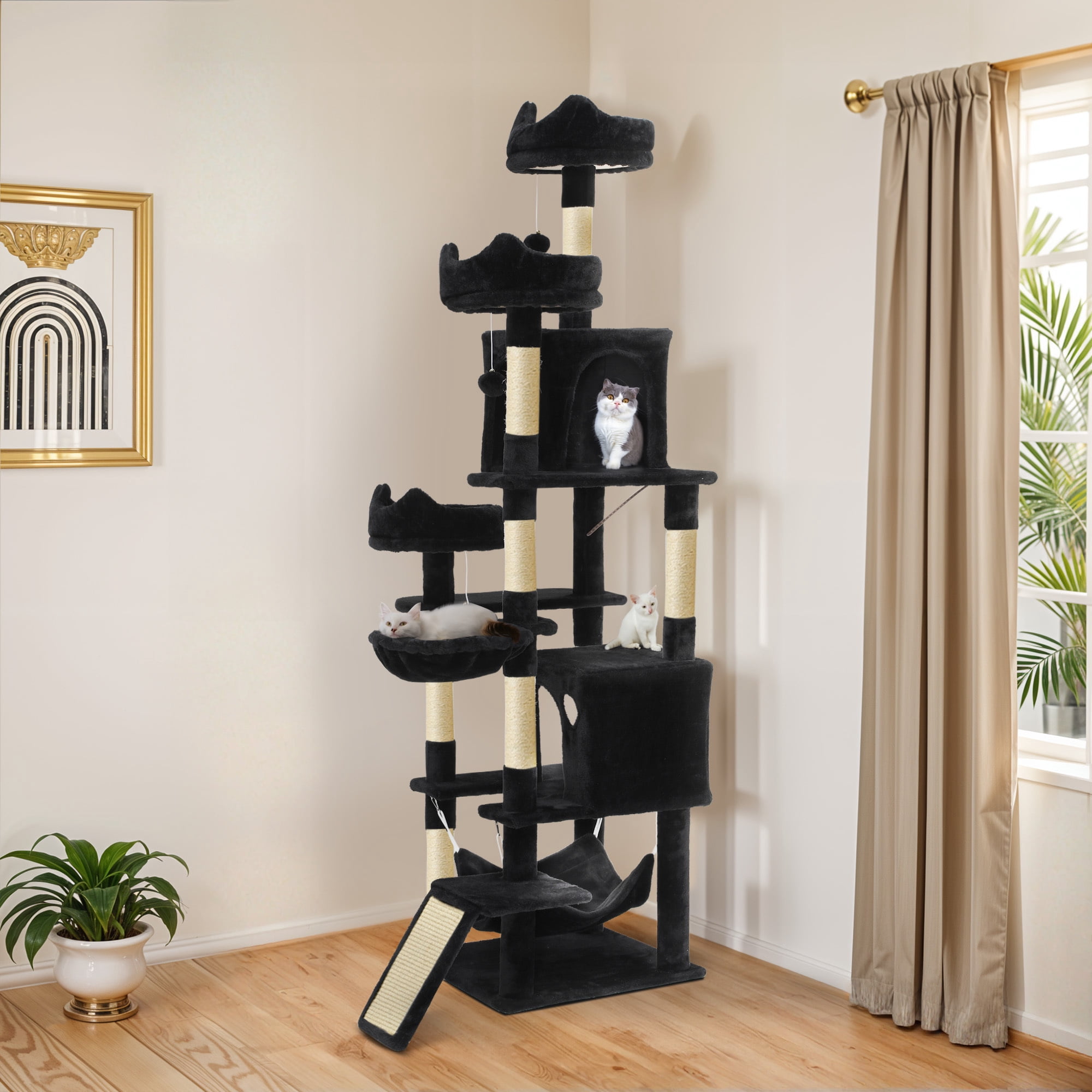 Uforic 75" Cat Tree for Large Cats Multi Level Play Tower Condo with Scratching Posts, Top Perches, Hammocks, Black