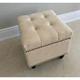 thumbnail image 3 of Beige Linen Fabric Upholstered Beckmann Storage Cube Pouf Ottoman, Footstool with Flip-Up Hinged lid, 3 of 7