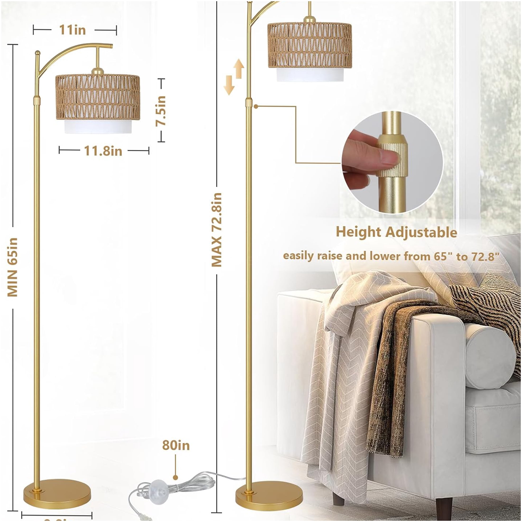 JERFIT Modern Arc Floor Lamp with Remote, Dimmable LED Bulb, Rattan & Fabric Shade for Living Room Bedroom