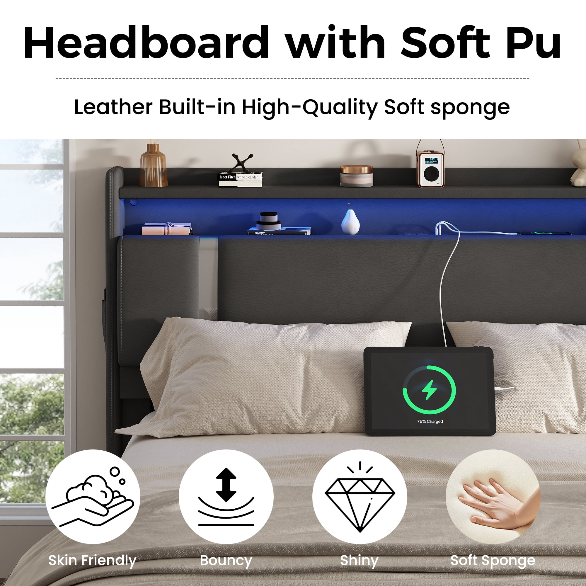 NEGYLIM Floating Bed Frame King Size with LED Lights, Easy to Assemble, Metal Platform Bed with Storage Headboard, No Box Spring Needed, Black