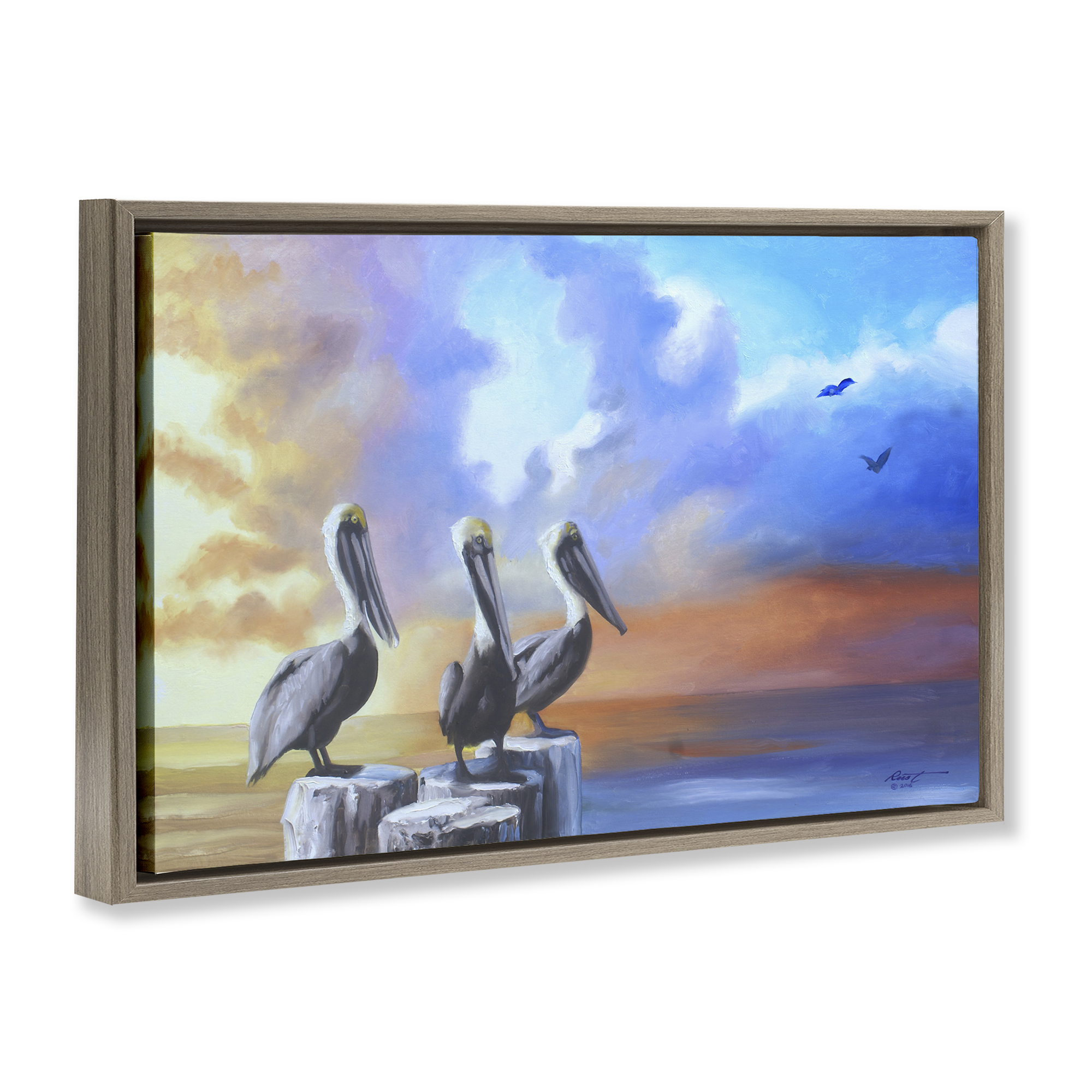 Stupell Industries Vivid Pelican Trio Landscape Painting Brown Floater Framed Canvas Art Print Wall Art, 25 x 17
