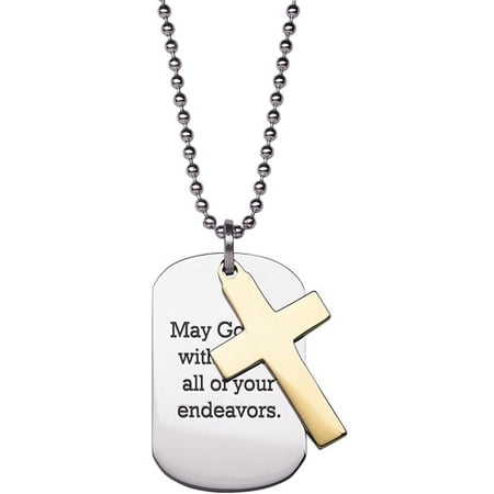 Personalized Planet Two-Tone Cross and Engraved Dog Tag Stainless Steel Pendant, 20"