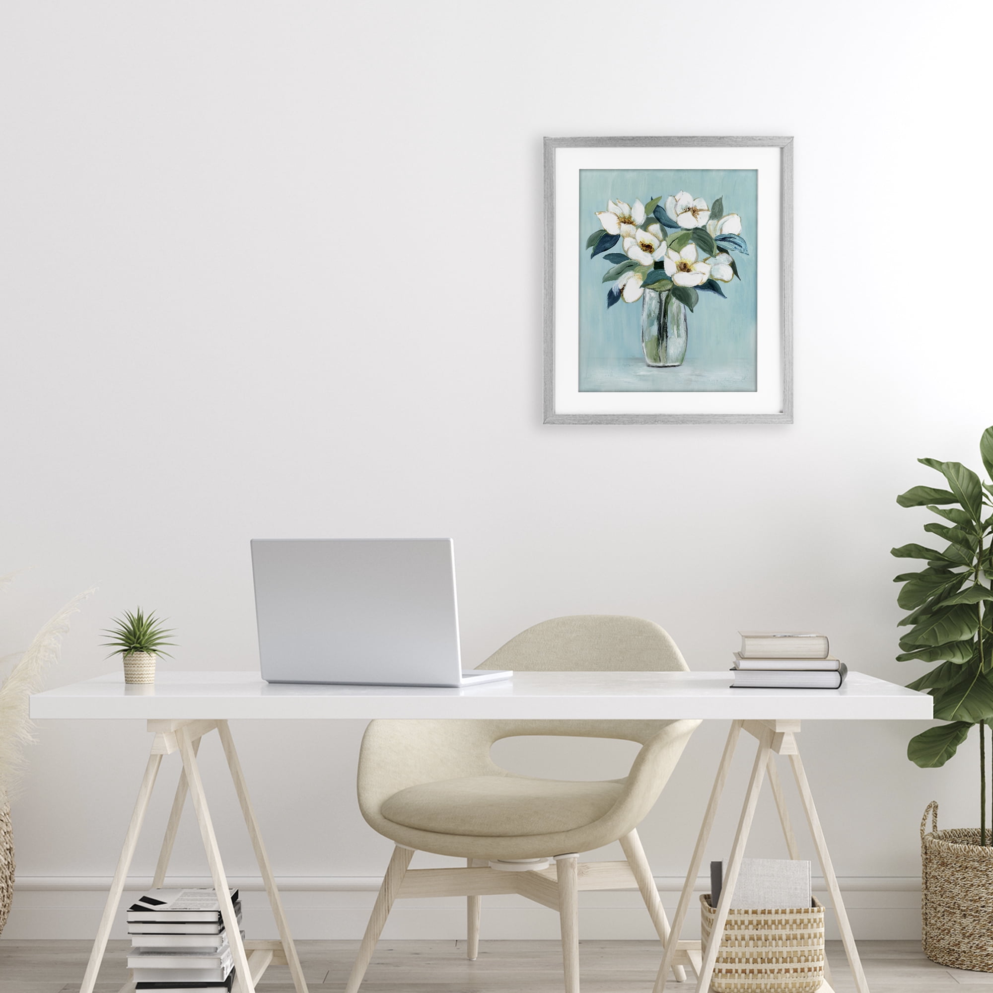 Stupell Industries Magnolia Blossoms on Blue Gray Framed Print Under Glass, design by Janet Tava