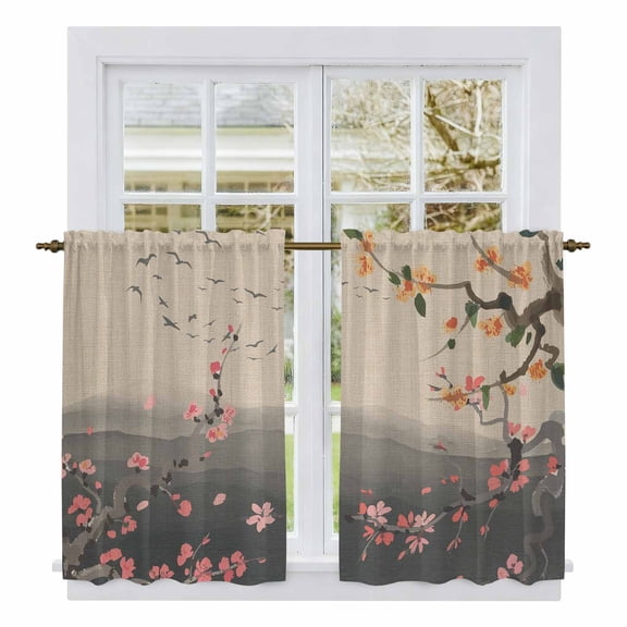 Chinese Ink Painting Kitchen Curtains 45 Inch Length, Pink Peach Blossom Branches Tiers Curtains for Bathroom Bedroom Cafe, Light Filtering Small Window Treatment Short Drapes 2 Panels 42"Wx45"L