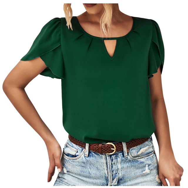 UNITWRY Hauts d'Été pour Femmes Manches à Volants Col Rond Blouses Habillées Manches Courtes Col Trou de Serrure Chemises de Travail