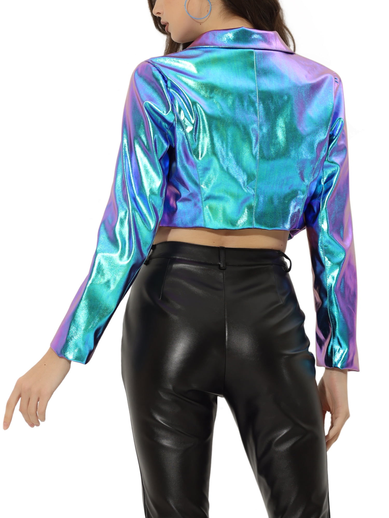 INSPIRE CHIC Women's Fashion Lapel Long Sleeve Metallic Holographic Shiny Jacket XS Blue Purple