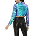 thumbnail image 3 of INSPIRE CHIC Women's Fashion Lapel Long Sleeve Metallic Holographic Shiny Jacket XS Blue Purple, 3 of 5