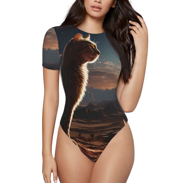 Fotbe Pyramid Desert Cat Body de Mujer con Cuello Redondo y Mangas Cortas, Sin Mangas Ajustado, Suave, Cómodo y Básico-Small
