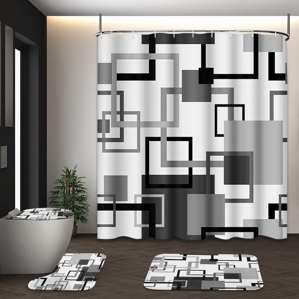 Juego de cortina de ducha geométrica gris con tapa de inodoro y alfombrillas antideslizantes, cortina de ducha abstracta cuadrada de 4 piezas para baño, decoración de baño de línea simple moderna