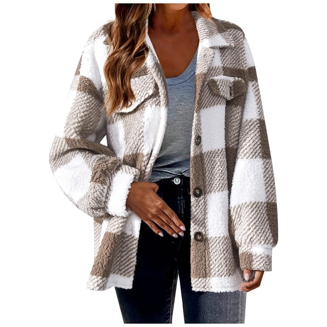 Women's Plus Size Jacket Casual Loose Fit Warm Coat Color Block Design Button Down Blouse Outerwear