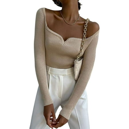 

PIKADINGNIS Women Sexy Sweetheart Neck Sweater Fall Long Sleeve Ribbed Knit Squareneck Bustier Corset Slim Fit Crop Pullover Tops