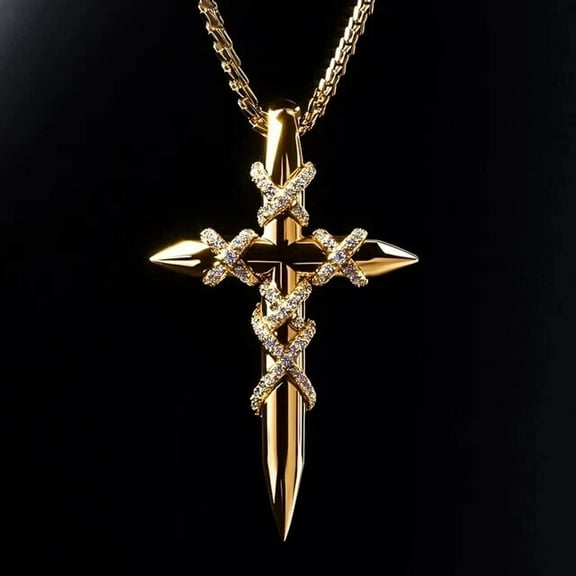 TAAPSEE JEWELS 14K Yellow Gold Plated Spiked Cross Only Pendant for Men Round Cut Cubic Zirconia Silver