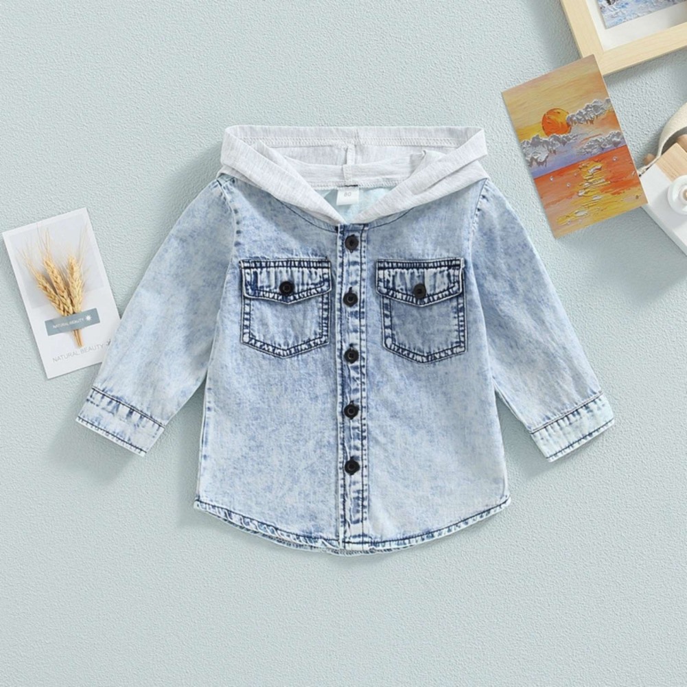 BULLPIANO Toddler Boys Girls Denim Jackets Baby Long Sleeve Button Coat Outerweaer Hoodie Jacket Tops Fall Winter Clothes 1-6 Years - image 3 of 9