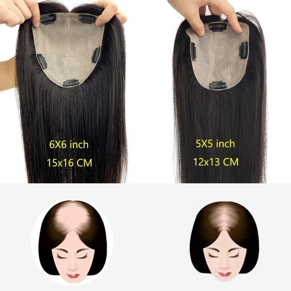 Hair Topper without Bangs Middle Part Straight Hair Topper Real Human Hair 15x16cm Silk Base Clip in Straight Hair Pieces for Women with Thinning Hair