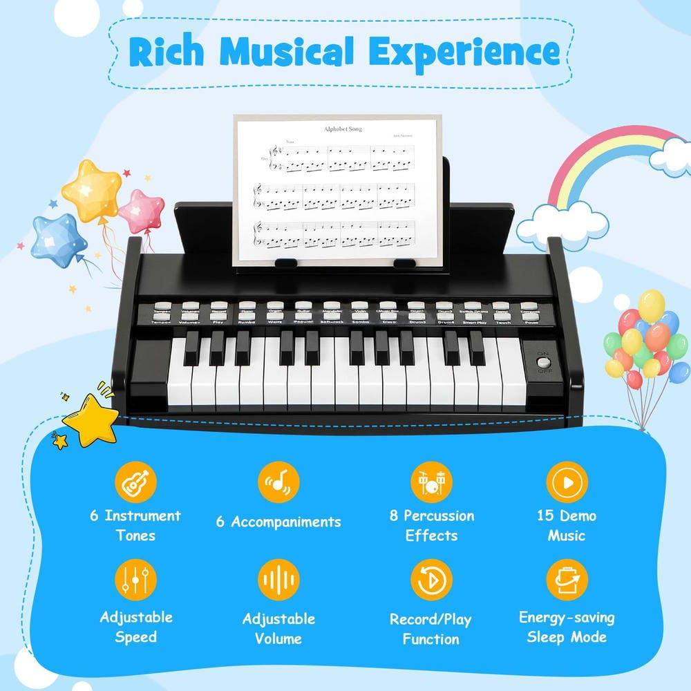 Resenkos 25-Key Kids Piano Keyboard with Speed & Volume Control - Black