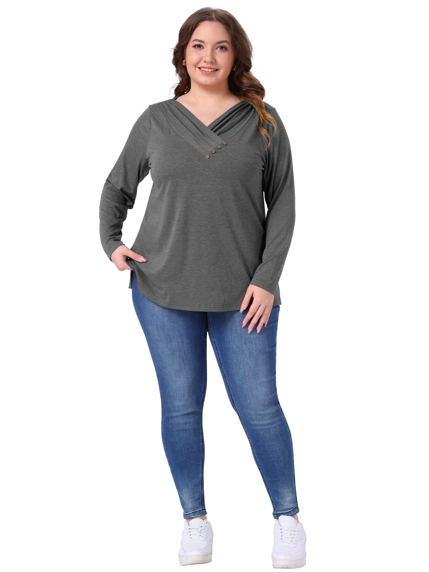 DARING DIVA Women's Plus V Neck Button Fall Pullover Shirt Loose Blouse 1X Grey