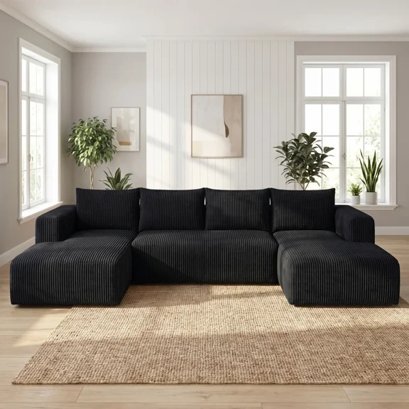 VERDECORE 127" U-Shaped Modular Boneless Cloud Sectional Sofa, Corduroy Deep Seat Modern Couch, No Assembly Required, Black for Living Room