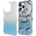 thumbnail image 2 of Compatible with iPhone 15 Pro Max Bling Case Cute Bear Shape Clear Case Detachable Gradient Glitter Paper with Beaded Bracelet Chain for Women Girls Soft TPU Electroplated Phone Cover, Blue, 2 of 6
