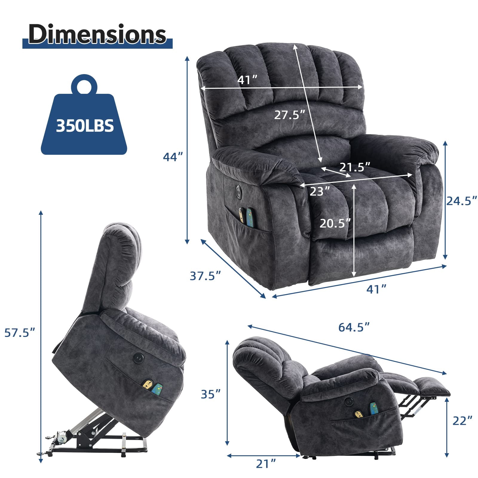 SOCIALCOMFY Large Power Electric Lift Recliner Chair for Elderly Big People, Heated Massage Motorized Reclining Sofa, Wide Fabric Recliners with 2 Remote Controls, Side Pockets & USB Ports, Dark Gray