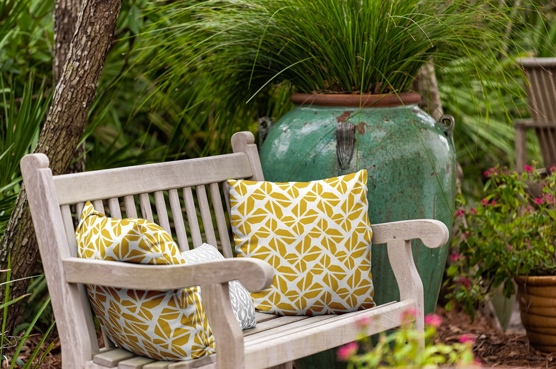 18" x 18" Simply Daisy Kaleidoscope Graffiti Polyester Indoor/Outdoor Pillow, Mustard Qty 1
