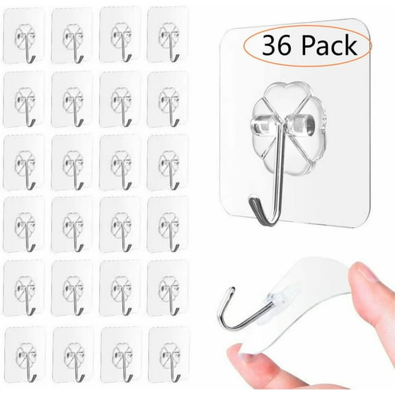 33lbs Adhesive Hooks for Hanging on Wall or Ceiling, Heavy Duty, Clear, Damage Free, Traceless, Stick on Hangers for Kitchen Bathroom, 36pcs