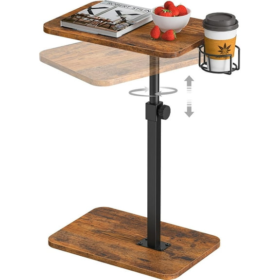 TV Tray Table, 360° Swivel Height Adjustable TV Trays for Eating on Couch,Sofa Armrest Side Table for Small Spaces Sofa Bed Dinner, Rustic Brown