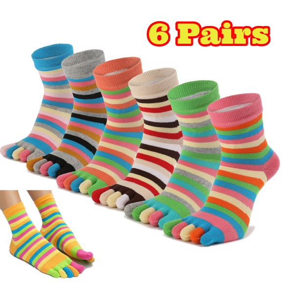 6 Pairs Women Toe Socks Cotton Crew 5 Finger Socks Girls Colorful Stripe Running Athletic