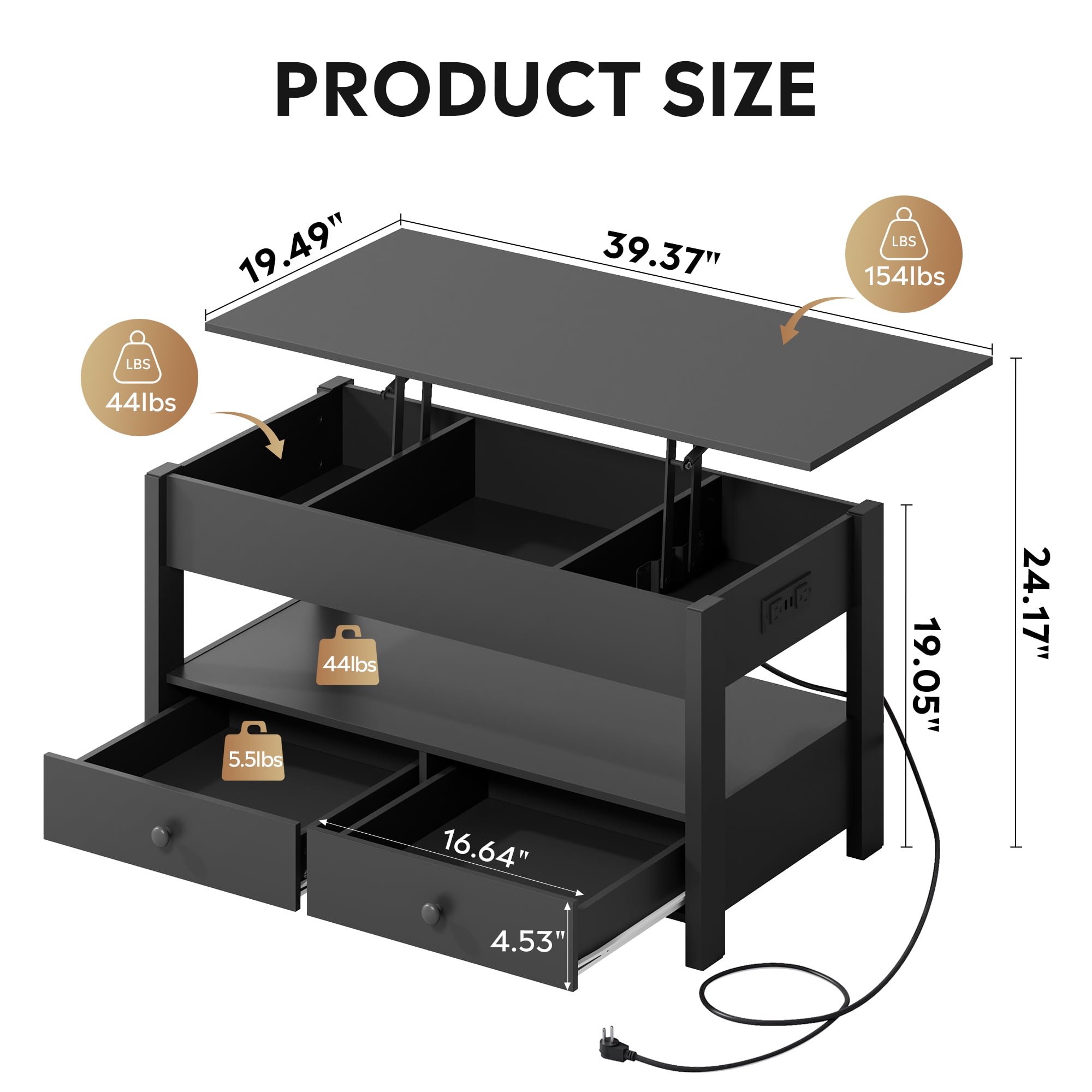 GALAXHERO Lift Top Coffee Table for Living Room Table with 2 Drawers & LED Light & Large Storage and Open Shelf Black