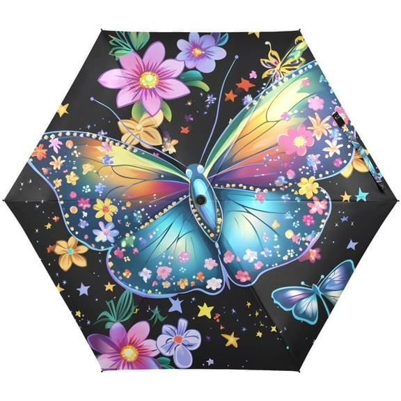 JSTEL Dreamy Butterfly Folding Umbrella for Rain Sun Travel Mini Lightweight Compact Umbrellas