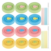 Jetcloudlive 12Pcs Colorful Plastic Mason Jar Lids Set Fit for 70mm Wide Mouth Durable Silicone Canning Jars Lids with Straw Hole Cleaning Brushes and Straws BPA Free for Drinking and Food Storage