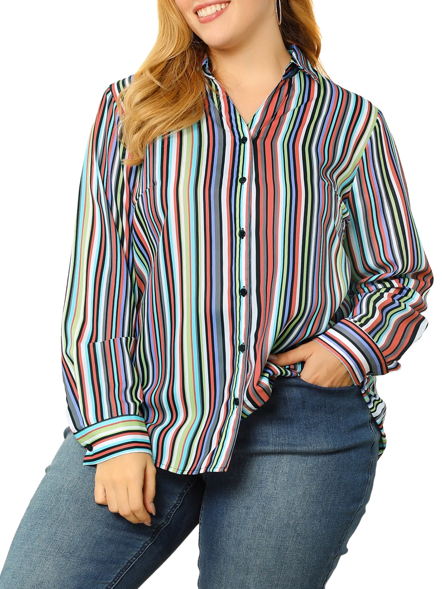 Ladies Plus Size Tunic Pink Striped Shirt Blouse Long Sleeves Breast Pockets NEW 