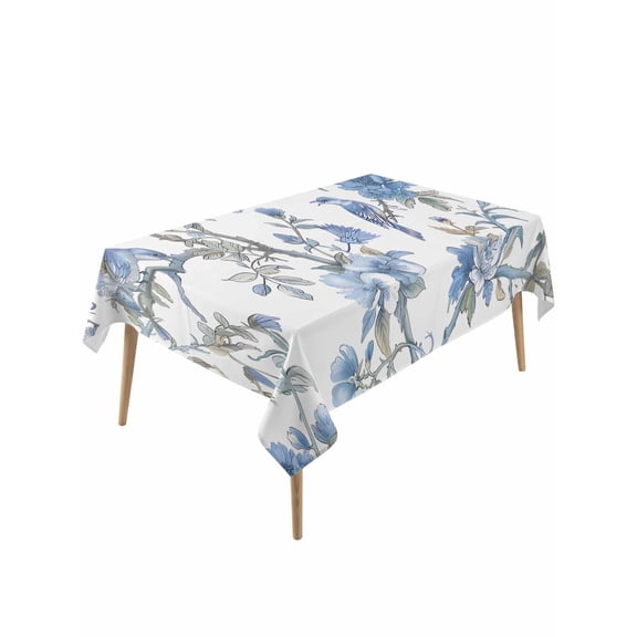 Blue Floral Birds Table Cloth, Farmhouse Flowers Pastoral Waterproof Tablecloth for Rectangle Tables, Reusable Washable Fabric Table Cover for Restaurant Kitchen Dining Tables 54"x108"