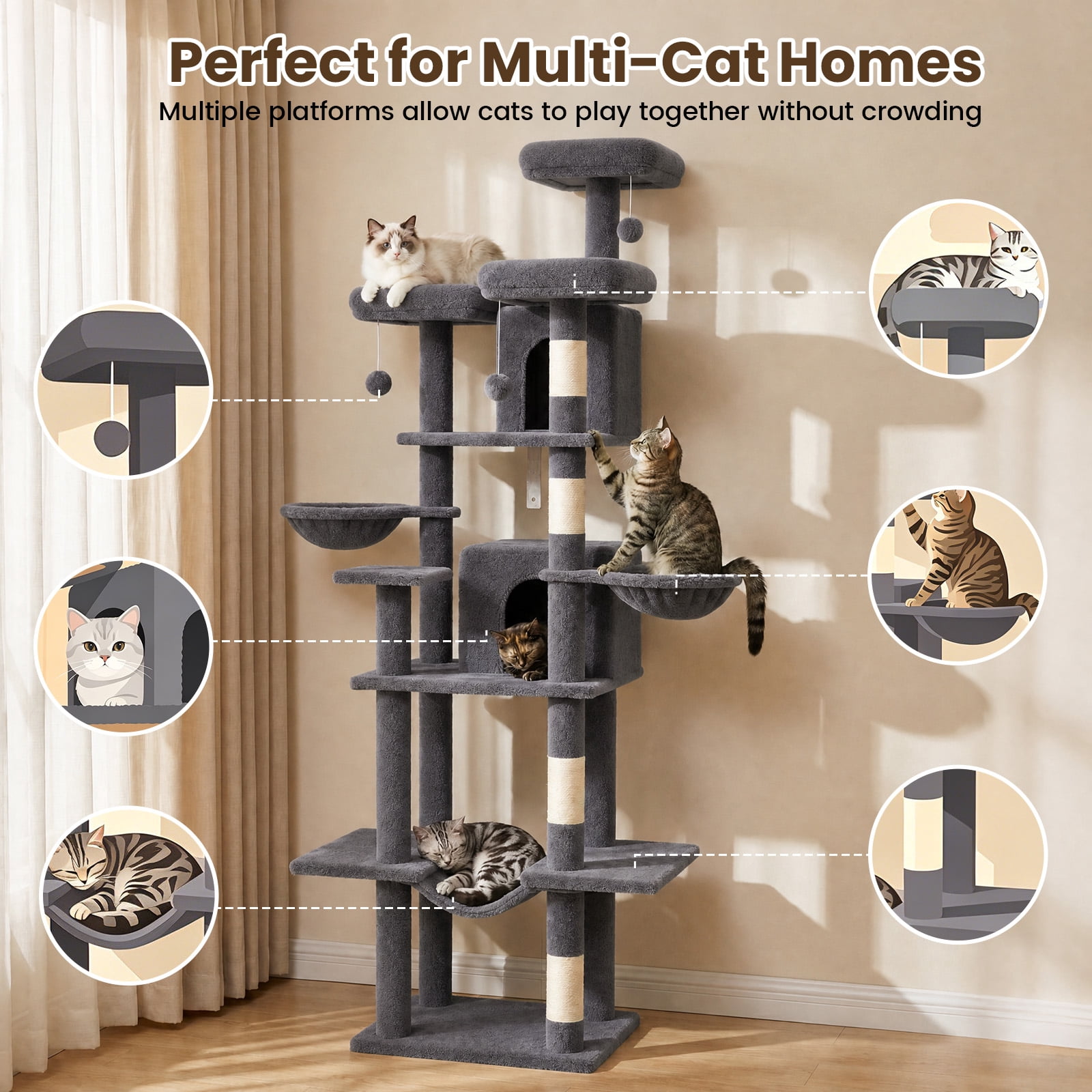 80" Cat Tree Tower, Big Cat Tower for Multiple Adult Cats, Multi-Level Tall Cat Tree with 3 Platforms, 2 Condos, 2 Hanging Basket, Hammock and Scratching Frame for Indoor Kitties, Dark Grey
