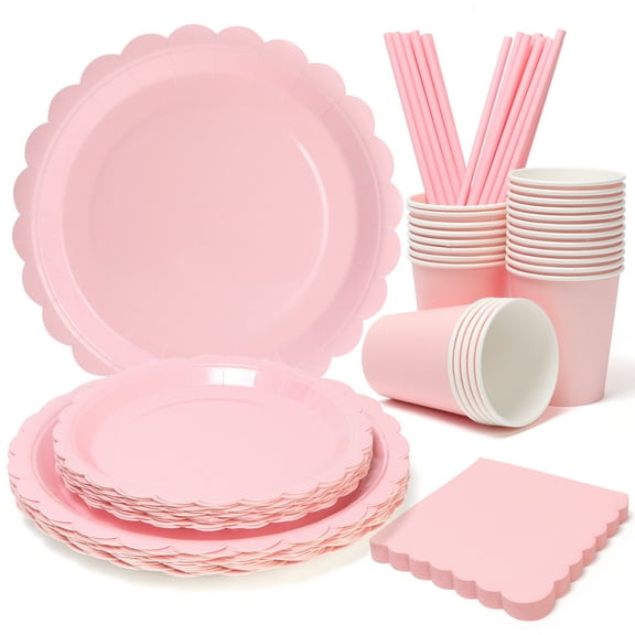 125PCS Party Plates and Cups and Napkins Sets, Light Pink Scalloped Pastel Paper Plates and Napkins Party Supplies for Baby Shower, Birthday, Disposable Tableware Sets, Serve for 25 Guests