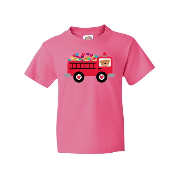 Inktastic Valentine Fire Truck Heart Bear Youth T-Shirt