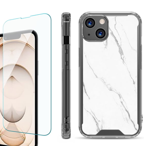 Shockproof Bumper Phone Case for iPhone 13, with Tempered Glass Screen Protector, by OneToughShield ® - Marble / White
