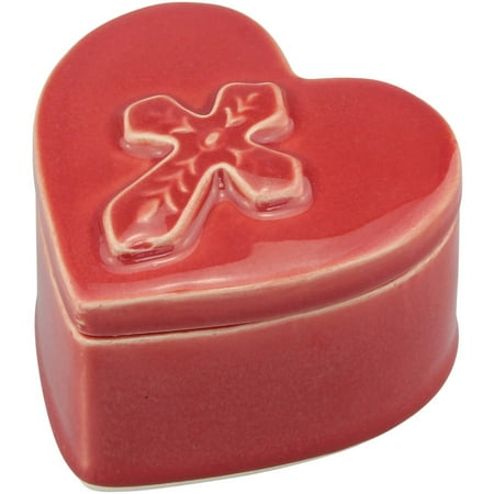 Red Ceramic Heart Shaped Cross Trinket Box
