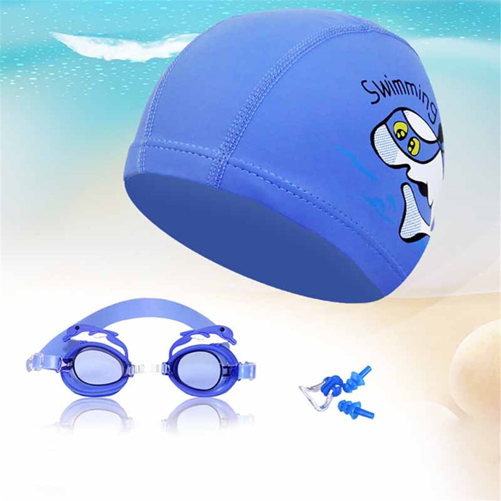 Swim Cap with Swimming Goggles and Nose Clip Ear Plug for Kids