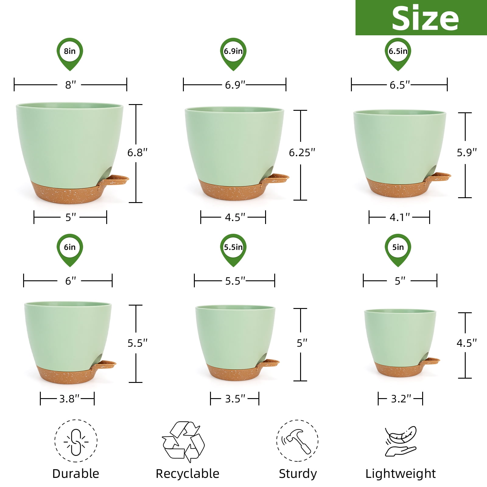 6 Pack Self Watering Plant Pots, Kabaqoo Plastic Planters with Drainage Holes and Saucers, Flower Pots for Indoor Outdoor Garden Plants