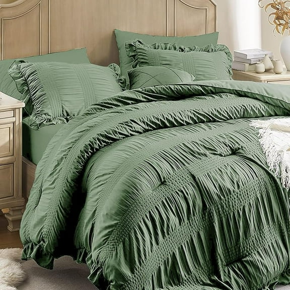 Comforter Set Seersucker 7 Pieces Luxury Ruffle Bed in a Bag Queen Size for All Season Black Bedding Set with Comforter, Pillowcases, Flat Sheet, Fitted Sheet and Pillow Shams : Home & Kitchen