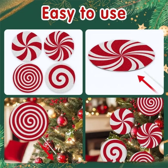 CoreLiving Christmas Decorations 6pc Large Peppermint Lollipop Picks, Red and White Big Candy Cane Ornaments for Xmas Tree Topper Holiday Party Vase and Home Office Decor