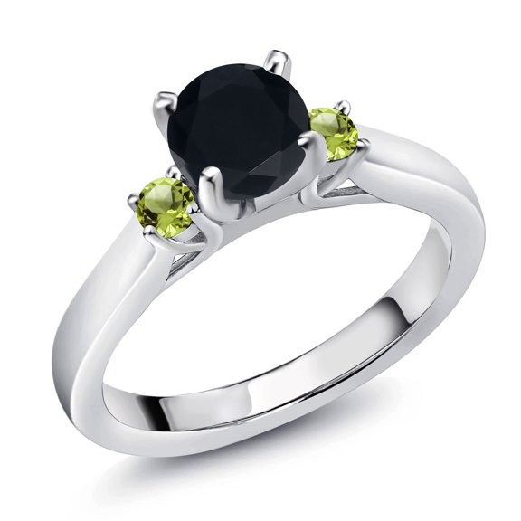 Gem Stone King 925 Sterling Silver Black Onyx and Green Peridot 3-Stone Engagement Ring for Women (0.94 Cttw, Round 6MM, Gemstone December Birthstone, Size 7)