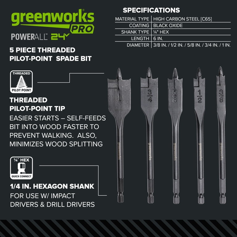 Greenworks Pro 5-Piece Spade Bit Set, High Carbon Steel photo 5