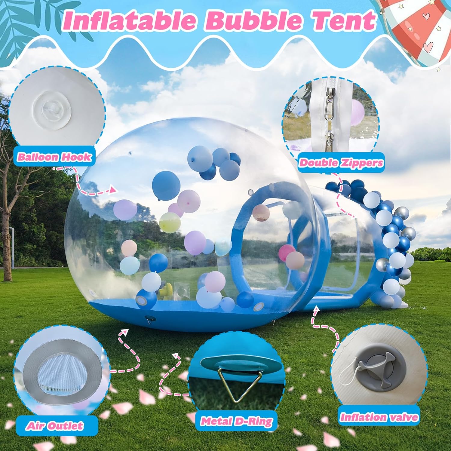 Esheno Inflatable Bubble House 10 ft Clear PVC Dome with Tunnel and Air Pump Blue Bubble Balloon Playhouse for Kids Party Yard Decoration