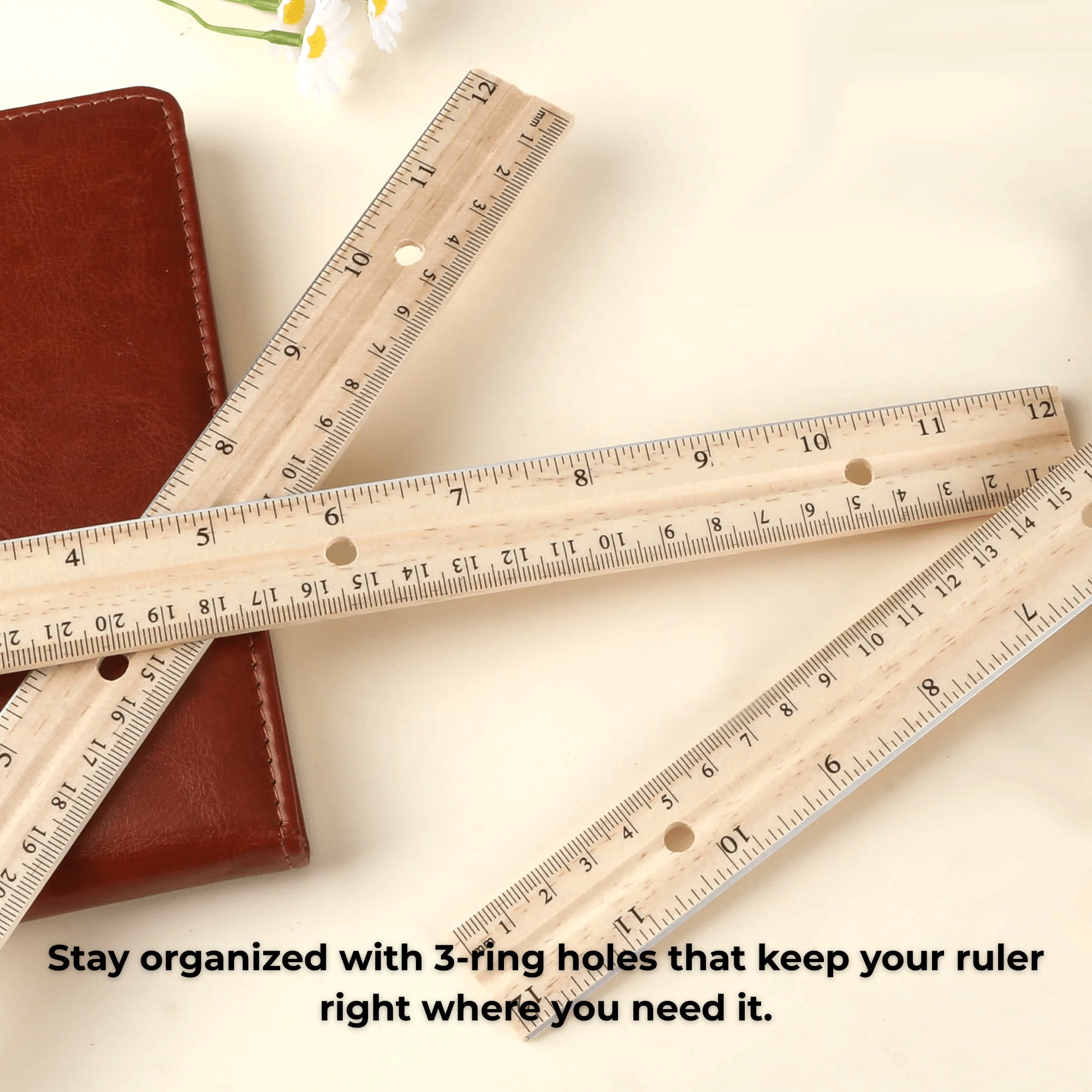School Supply Boxes | 12" Wooden Ruler with 3-Ring Binder Holes | 50 Pack | Durable Classroom and Office Supplies